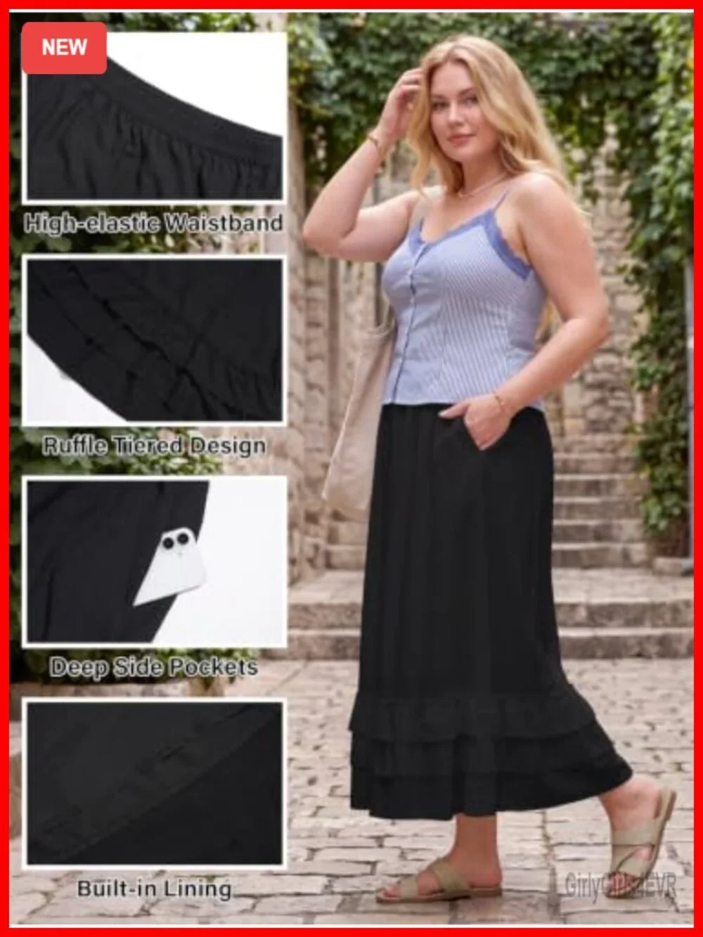 Plus Size Tiered Maxi Skirt with Pockets Flowy A-Line Ruffle Long